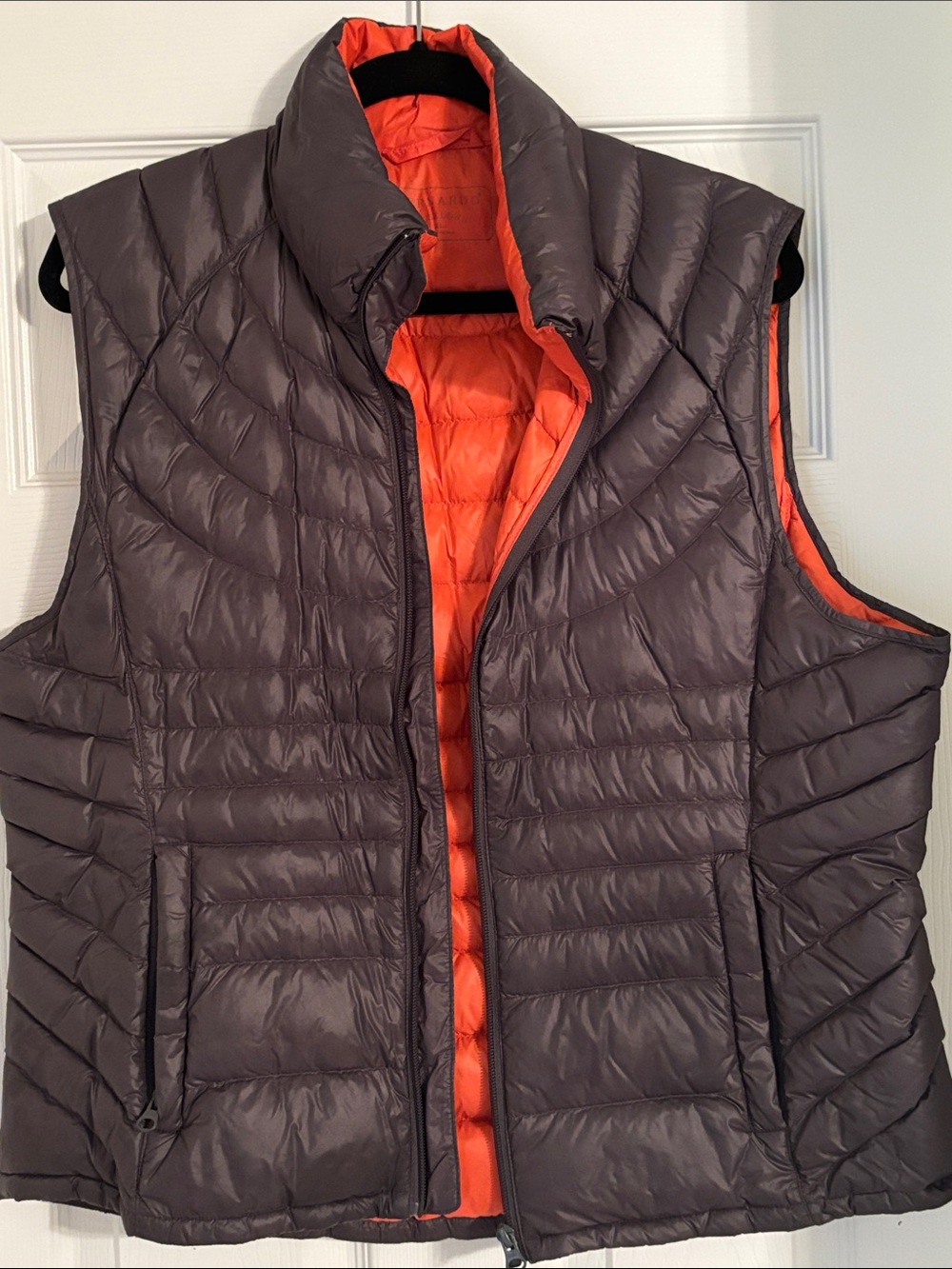 Bernardo Goose-Down Quilted Puffer Vest in Charcoal Gray and Orange